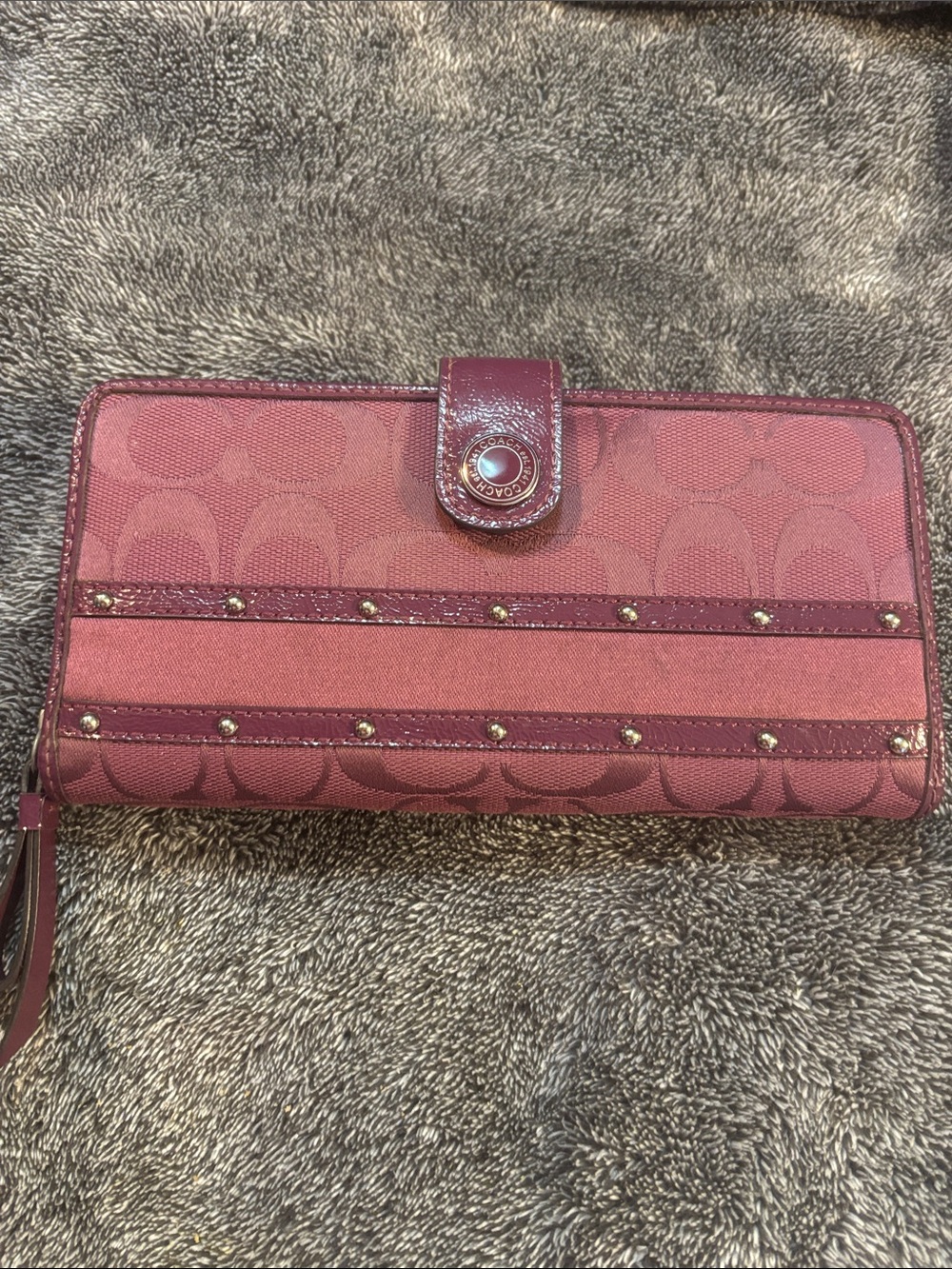 Coach Maroon Signature Canvas Wallet with Stud Trim